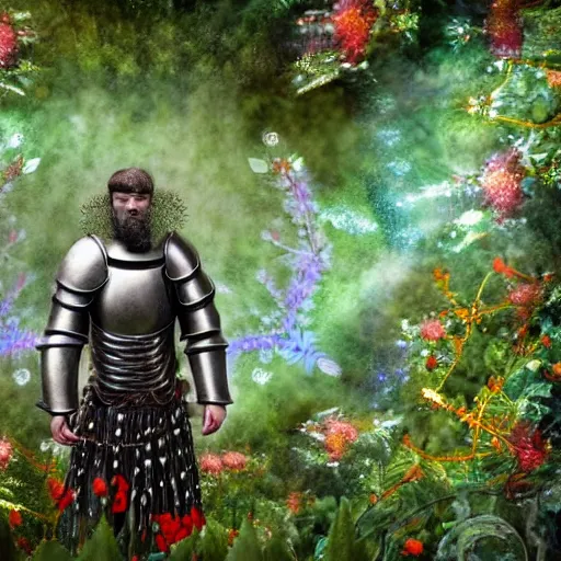 Image similar to a male knight with beard, stern face, clear eyes, shining armour made of steel, and fractal flowery hair in a fractal garden, glowing delicate flower, berries and ferns that grow in a dark flowering fantasy forest, full frame,