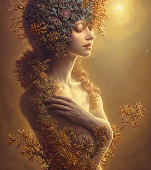 Image similar to a beautiful detailed front view portrait of a woman with ornate growing around, ornamentation, flowers, elegant, beautifully soft lit, golden ratio, full frame, by wayne barlowe, peter mohrbacher, kelly mckernan,