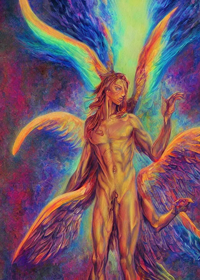 Prompt: Lucifer of the lunar mythos mercurial (surreal) angel mist, award winning oil painting, chromatic aberration polychromatic color palette radiant colors