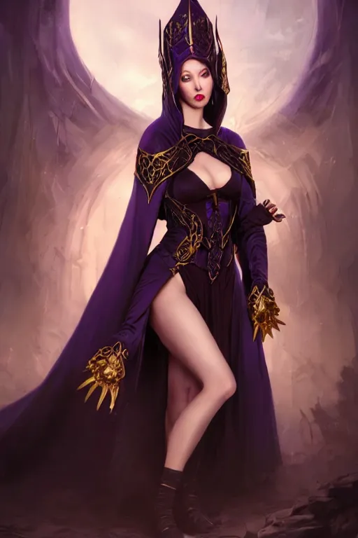 Prompt: Fantasy portrait, Necromancer, female, gorgeous, beautiful face, dark garments, dark pruple robes, gold bracelet, Black cloak from neck to ankles, stockings, kiss, pin-up, shapely toned derriere, matte painting, by WLOP, Frank Franzzeta and Sakimichan, artstation