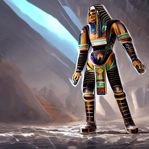 Prompt: A cool Egyptian robot, trending on artstation, unreal engine, 3D 4k, matte painting, shiny