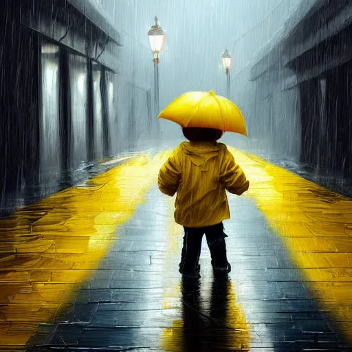 Prompt: A small child wearing a yellow rain coat walking alone in a dark alley,it is raining heavily, scary atmosphere,gloomy lighting, oil painting , highly detailed , high contrast, beautiful lighting, award winning , trending on art station, 8k, photo realistic