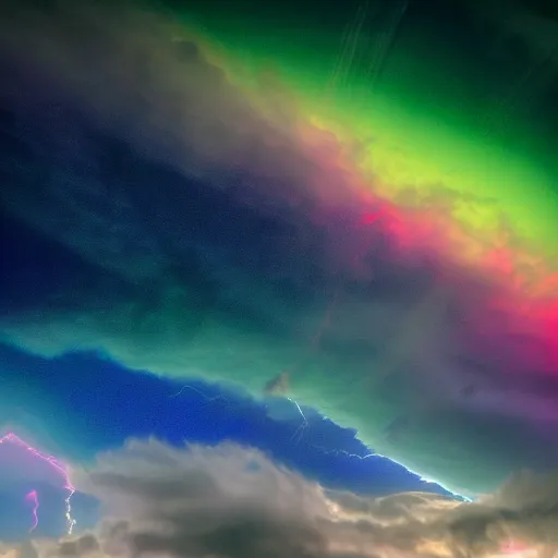Prompt: transcendent storm upon the horizon heralded by angels. high quality photography polychromatic clouds. realistic