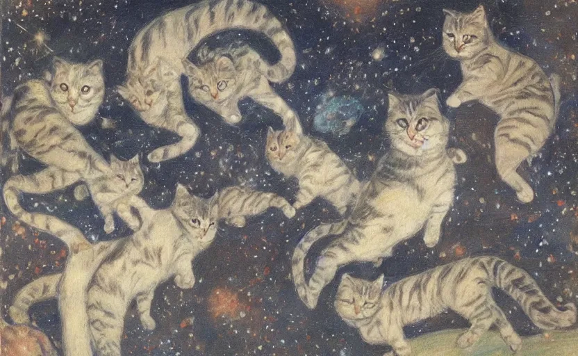 Prompt: Vrubel drawing of night sky full of cats and stars, dreamy