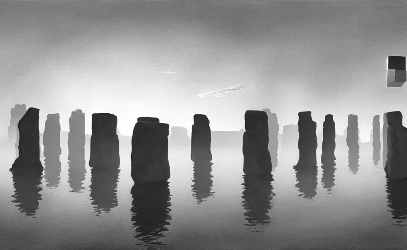 Image similar to hyperrealist painting of 1 0 flying cubes from close encounters of the third kind ( 1 9 7 7 ) in a flooded monument valley stonehenge jungle. 1 9 7 0 s science fiction, moody, misty, depth perception, 4 k, artstation, in the style of studio ghibli