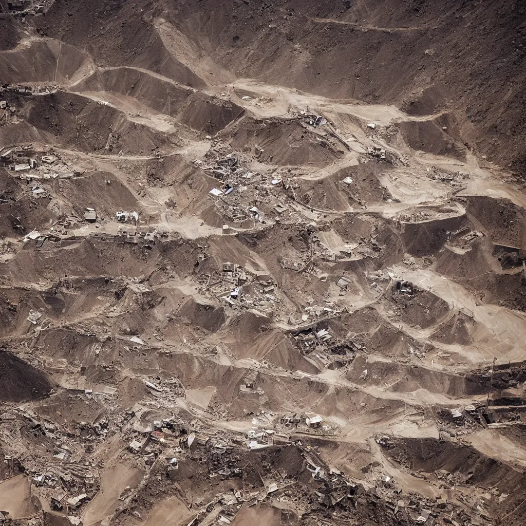 Image similar to mining tailings burying the city of chuquicamata by piranesi, composition, cinematic, rule, grid