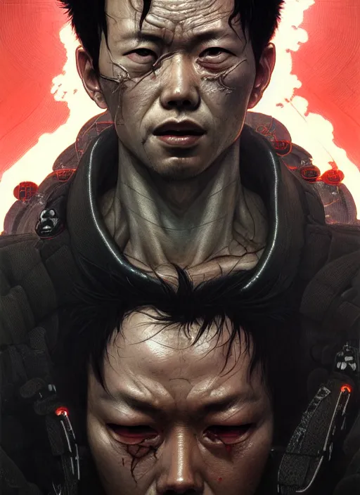 Image similar to Portrait of Tetsuo from Akira, muscular, cables, techwear, intricate, cyberpunk, highly detailed, digital painting, artstation, concept art, smooth, sharp focus, illustration, art by artgerm and greg rutkowski and alphonse mucha