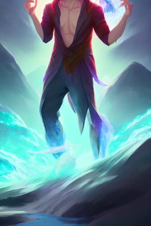 Image similar to a human elemental sorcerer, mountainous lake setting, colorful magic effects, white skin, portrait, male, clothed, sharp focus, digital art, concept art, trending on artstation, dynamic lighting, by emylie boivin and rossdraws