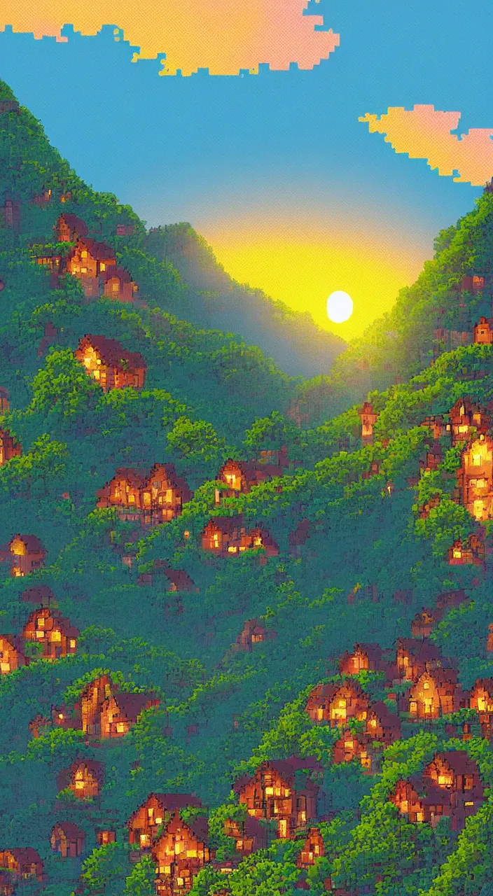 Prompt: a dreamy sunset in the mountain with houses in pixelart style, highly detailed, illustration