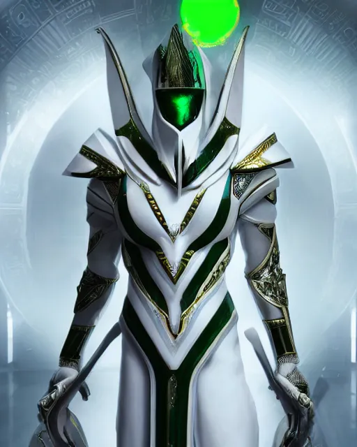 Image similar to perfect white haired egyptian male god, warframe armor, beautiful, symmetric, dreamy, half african,, green eyes, charlize theron, detailed, scifi platform, laboratory, experiment, 4 k, ultra realistic, epic lighting, android body, illuminated, cinematic, masterpiece, art by akihito tsukushi, voidstar