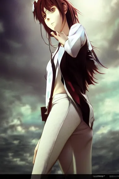 Prompt: a hyperrealistic render of Makise Kurisu from Steins;Gate, white shirt and brown jacket, Nitroplus visual novel 2009 render, by Artgerm,Greg Rutkowski,Alphonse Mucha, Beautiful dynamic lighting,shadows,cinematic atmosphere,Artstation,concept design art,Octane render,8K