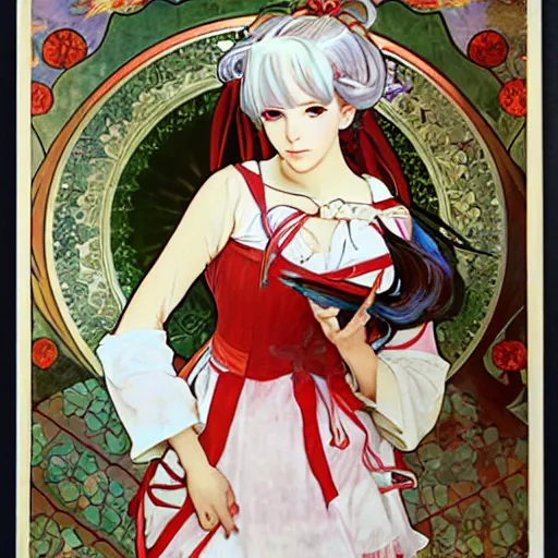 Prompt: Portrait of an anime girl with white hair wearing red gothic lolita dress, oil painting, art by Alphonse Mucha and Shirow Masamune