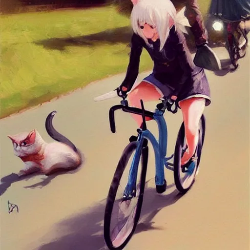 Prompt: Expressive painting of cute cat riding a bicycle, digital art by Krenz Cushart, trending on artstation