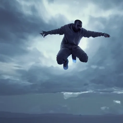 A photo of Kanye West flying in the sky, cinematic | Stable Diffusion