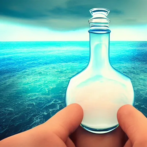 Prompt: surreal 3 d art of a human head in a bottle, on the ocean water, futuristic, glowing, hyper realistic, ray tracing, realistic water splashes, sharp focus, long shot, 8 k resolution, cinematic, photoshop art