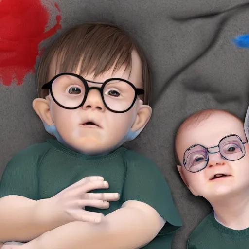 Prompt: 3 d digital art, playground nap - time with baby voldemort and baby harry potter wearing glasses, block party.