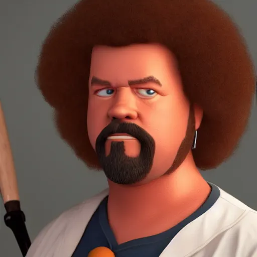 Image similar to a closeup photorealistic photograph of bob ross as kenny powers. baseball. film still. brightly lit scene. this 4 k hd image is trending on artstation, featured on behance, well - rendered, extra crisp, features intricate detail, epic composition and the style of unreal engine.