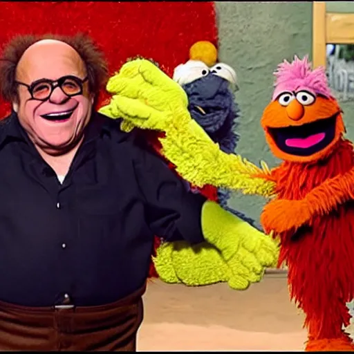 Image similar to Danny Devito as a fuzzy puppet muppet in sesame street, 8k resolution, full HD, cinematic lighting, award winning, anatomically correct