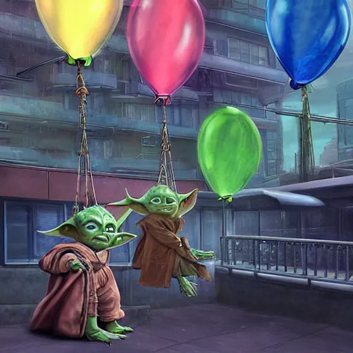 Image similar to masterful digital art, eye - level view, medium - shot, baby yoda is at the busy school playground in a cyberpunk city. baby yoda smiles and plays on a swing set. golden hour. realism, detailed, depth, chiaroscuro, limited color palette. in the background some balloons float in the sky. mandalorian ( tv ).