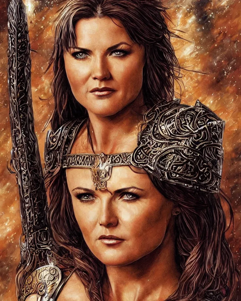 Prompt: a young lucy lawless as xena warrior princess as an amazon warrior, a tall beautiful woman with brown skin and long hair, dressed in hellenistic body armor, intricate, elegant, highly detailed, smooth, sharp focus, detailed face, art by ardian syaf