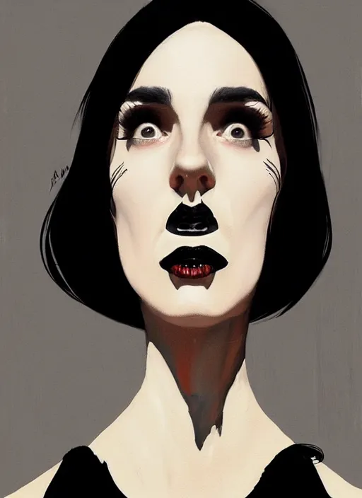 Image similar to portrait of an awkward woman with a crooked nose and a confident expression, 1 9 6 0 s, black clothes, goth, punk, funk, intricate, elegant, highly detailed, digital painting, artstation, concept art, smooth, sharp focus, illustration, art by wlop, mars ravelo and greg rutkowski