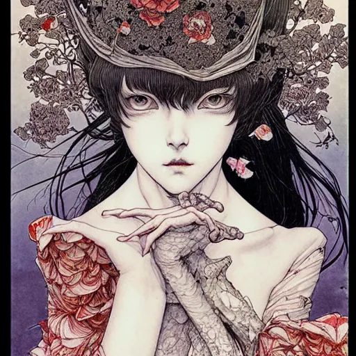 Image similar to prompt: Portrait painted in Superflat style drawn by Vania Zouravliov and Takato Yamamoto, inspired by Fables, intricate acrylic gouache painting, high detail, sharp high detail, manga and anime 2000