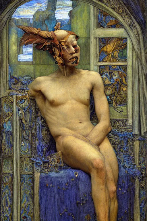 Prompt: the prince in his bone crown and regalia stands by the window at dusk,by Annie Swynnerton and Diego Rivera and Elihu Vedder, symbolist, dramatic lighting, elaborate geometric ornament, Art Brut, soft blues and greens,smooth, sharp focus, extremely detailed, Adolf Wölfli