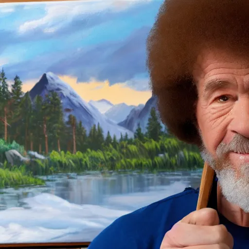 Image similar to a closeup photorealistic photograph of bob ross working on a canvas painting of captain america. happy trees, mountain scape. film still. brightly lit scene. this 4 k hd image is trending on artstation, featured on behance, well - rendered, extra crisp, features intricate detail, epic composition and the style of unreal engine.