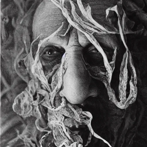 Image similar to photographic portrait of wrinkly sad max ernst dried melting floral fungus with spiraling cigarette smoke, in fog, medium long shot