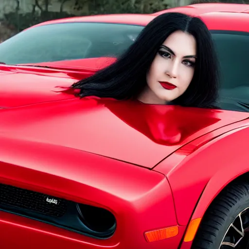 Prompt: portrait of a woman with long black hair wearing red clothing standing next to a red 2021 dodge challenger r/t, highly detailed car, highly detailed face, beautiful, 8k, realistic, professional photography, car magazine, close up shot, trending,