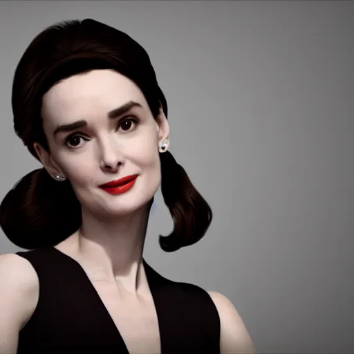 Prompt: winona ryder as Audrey Hepburn, hyperrealistic, octane render, 8k, high quality