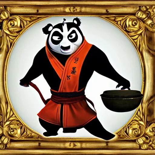 Image similar to po from kung fu panda fighting bruce lee, baroque art style,