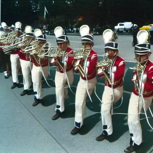 Image similar to photograph of madison scouts drum and bugle corps drum line from 1 9 9 2 warming up beside a madison scouts drum and bugle corps tour bus, photorealism, detailed