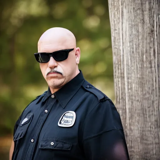 Prompt: A portrait photo of a 50 year old bald security guard, with a white goatee, wearing sunglasses, with serious face expression, standing near his post. 50 mm lens
