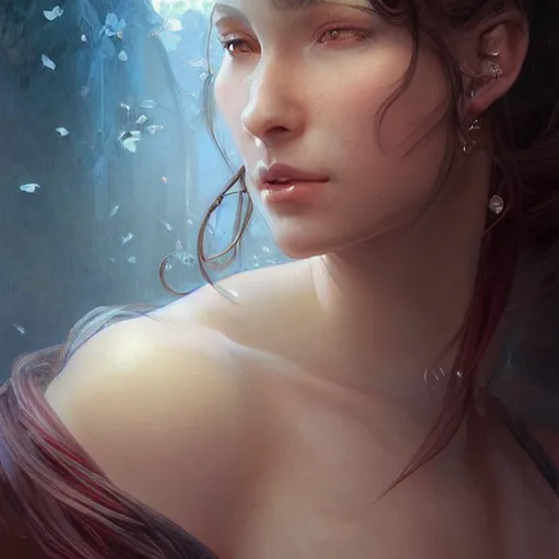 Image similar to portrait of a nymph, D&D, fantasy, highly detailed, digital painting, artstation, smooth, sharp focus, illustration, art by artgerm and greg rutkowski and alphonse mucha