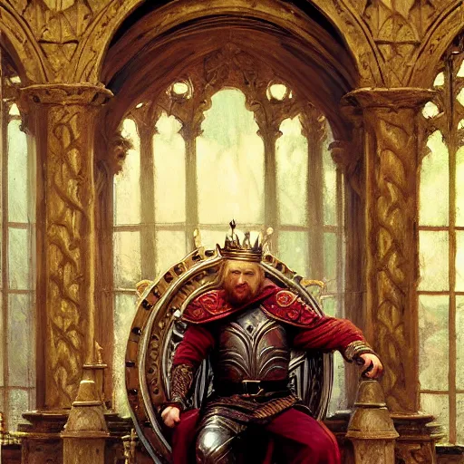 Image similar to attractive king arthur pendragon, sat in his throne, big arches in the back, natural lighting, path traced, high quality, very detailed digital painting, by gaston bussiere, craig miller, j. c. leyendecker