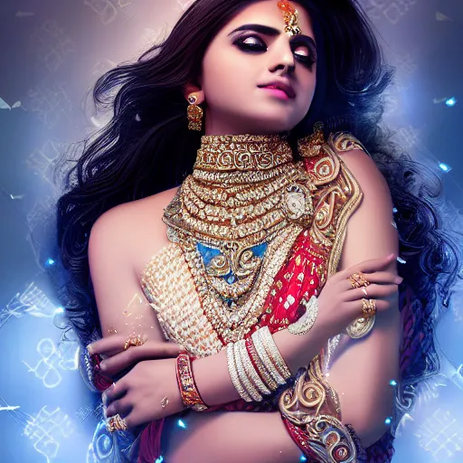 Image similar to portrait of wonderful hindi princess of diamond with radiant skin, ornate with diamonds, 8 k, gorgeous, intricate, detailed, glowing white accent lighting, dramatic lighting, octane render