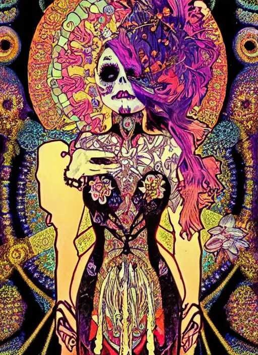 Image similar to realistic detailed psychedelic poster art of a cute punk goth fractal Día de los Muertos girl posing by Victor Moscoso Rick Griffin Alphonse Mucha Gustav Klimt, masterpiece