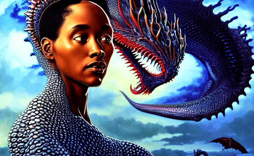 Image similar to realistic detailed photorealistic film close up portrait shot of a beautiful black woman with, sci-fi landscape with a drogon on background by Denis Villeneuve, Amano, Yves Tanguy, Alphonse Mucha, Ernst Haeckel, Andrei Tarkovsky, Edward Robert Hughes, Roger Dean, rich moody colours, wide angle, blue eyes