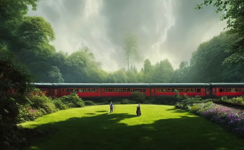 Image similar to exterior shot of utopian train station on in the middle of an english garden with cinematic lighting by peter zumthor and renzo piano, darek zabrocki and greg ruthkowski, simon stalenhag, cinematic, holy place, paradise, scifi, futurism, atmospheric, concept art, artstation, trending on artstation