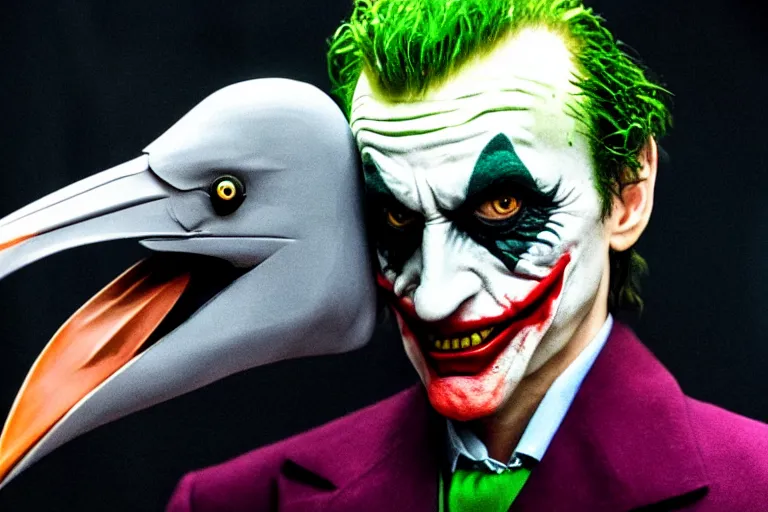 Image similar to The Joker in the dark knight wearing a latex shoebill stork mask