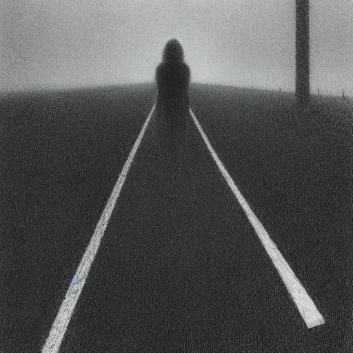 Prompt: humanoid beings standing on a road, car driver pov, headlights, by Zdzislaw Beksinski