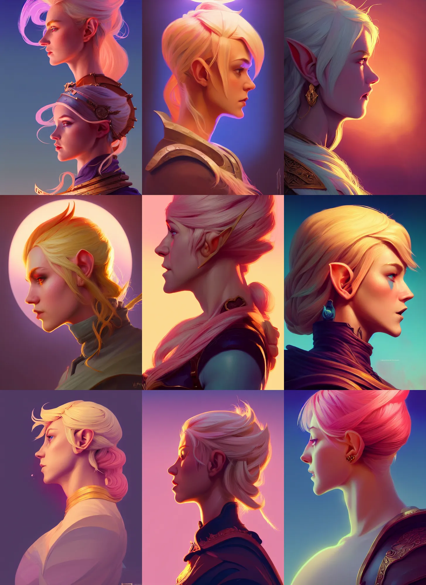 Prompt: side profile centered painted portrait, blonde elf ranger, anger, d & d, gloomhaven, matte painting concept art, art nouveau, beautifully backlit, swirly vibrant color lines, fantastically gaudy, aesthetic octane render, 8 k hd resolution, by ilya kuvshinov and cushart krentz and gilleard james