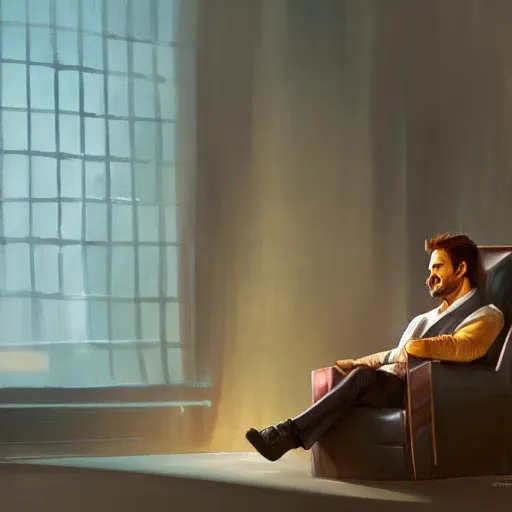 Prompt: concept art of tony stark sitting in an armchair in a room with the setting sun, cinematic shot, painting by jama jurabaev, extremely detailed, brush hard, artstation, high quality, brush stroke