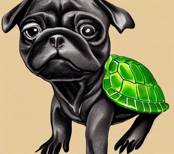 Prompt: a cute little turtle sitting on the back of a black pug, digital art, colourful