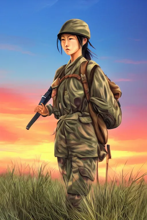 Image similar to a female japanese soldier hiking in the savannah, mid shot, looking away, realistic shaded perfect anatomy, fine details. sunset. very anime style. realistic shaded lighting poster, trending on art station