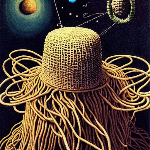 Image similar to flying spaghetti monster wearing colander as a hat, creating the universe, by otto dix, junji ito, hr ginger, jan svankmeyer, beksinski, claymation, hyperrealistic aesthetic, masterpiece