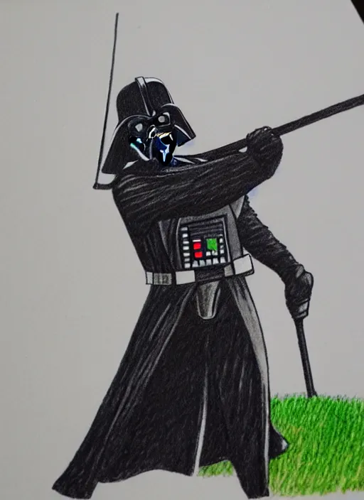 Prompt: a colored pen drawing of darth vader playing golf