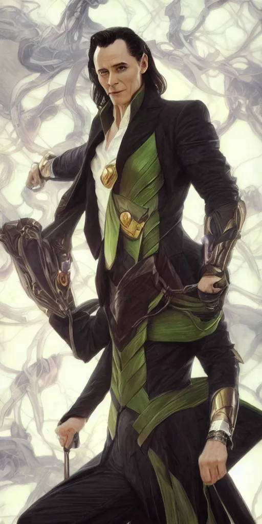 Image similar to Loki in a business suit, artists portrait, fantasy, highly detailed, digital painting, concept art, sharp focus, depth of field blur, illustration, art by artgerm and greg rutkowski and alphonse mucha