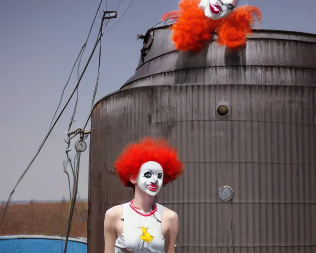 Image similar to clown girl android standing on a water tank